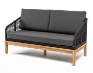 Канны диван 2-местный плетеный из роупа, основание дуб, роуп темно-серый круглый, ткань темно-серая 019