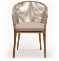 Лион стул плетеный из роупа, основание дуб, роуп бежевый круглый, ткань бежевая 035